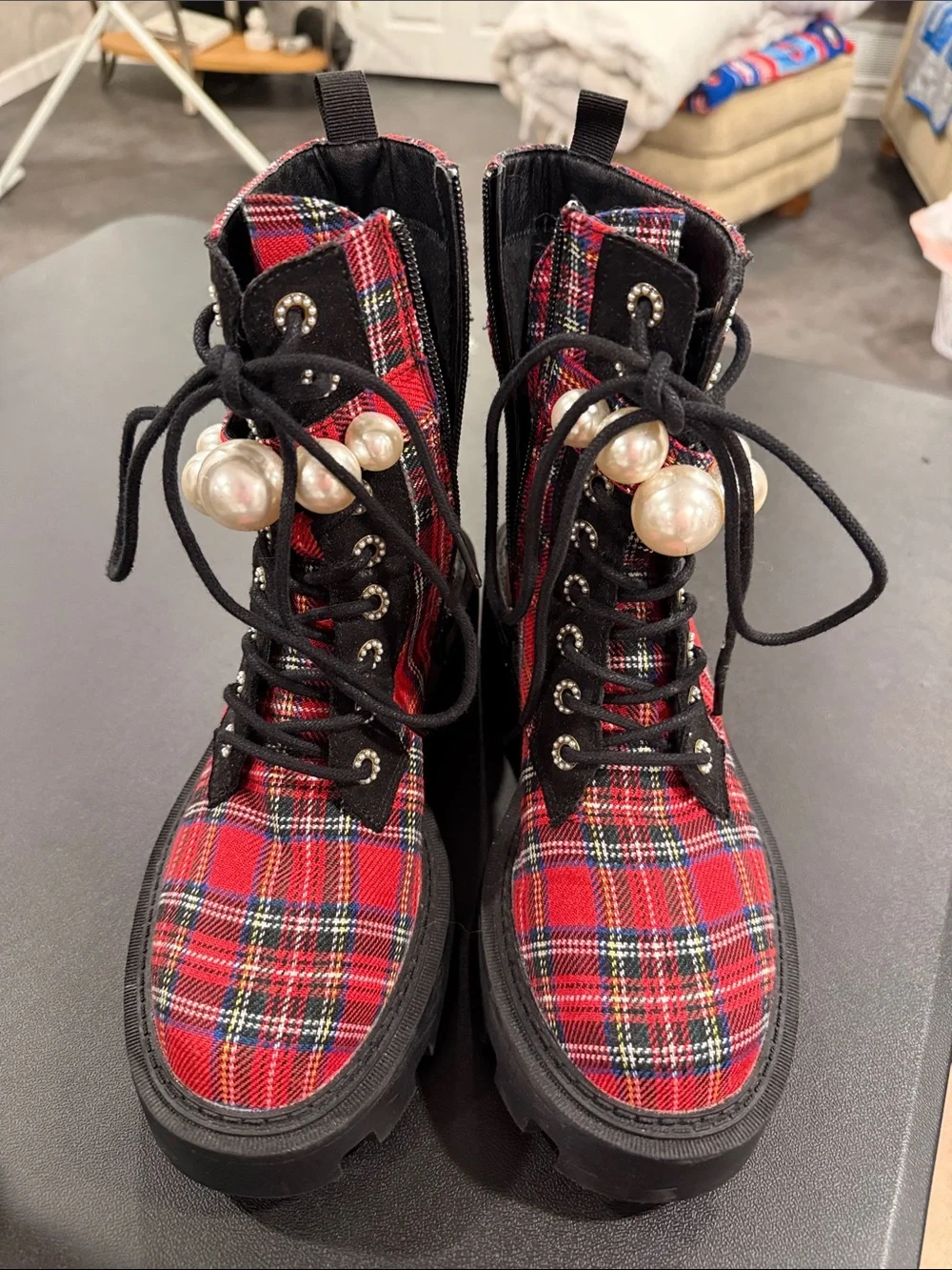 Betsey Johnson Red Plaid Lace-Up Combat Boots with Pearl Accents - Picture 1 of 5